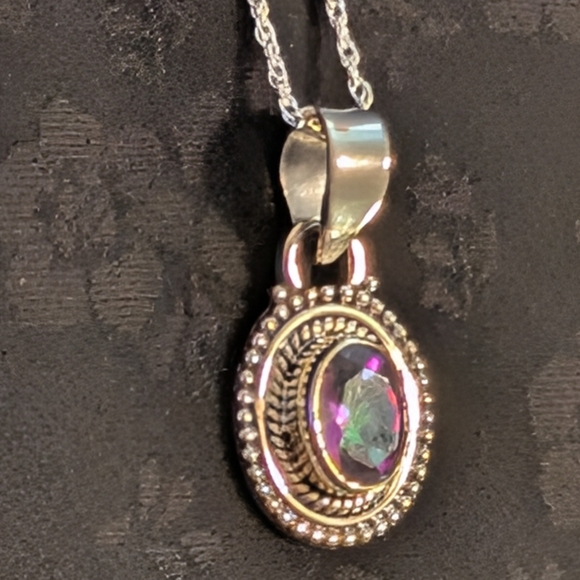 Colorful Solid Sterling Silver Mystic Topaz Type CZ Pendant Necklace 18" Chain - Picture 4 of 10